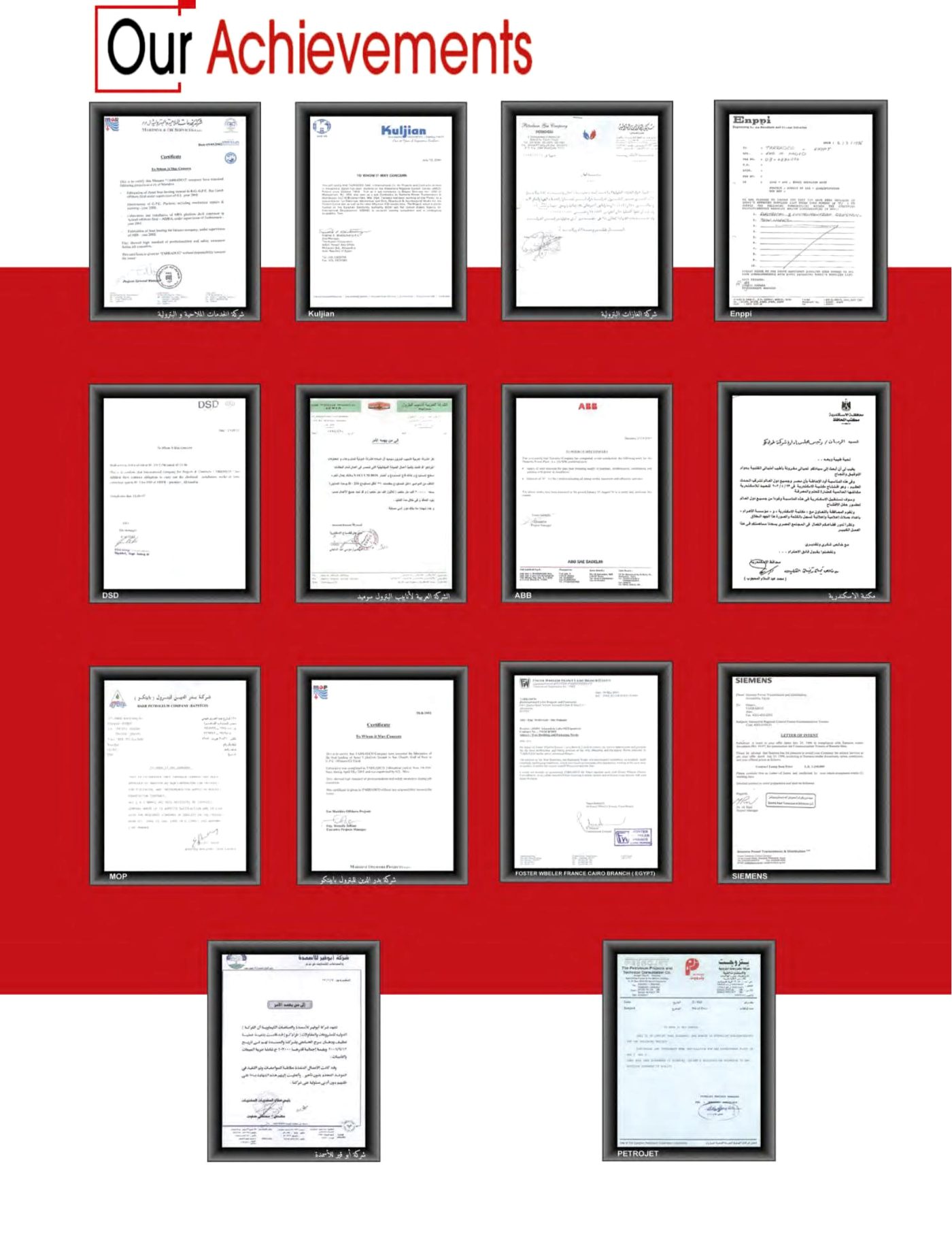 TARRADCO — client appreciation letters from Petrojet, Enppi, Siemens, Foster Wheeler, ABB, Kuljian, Abu Qir, SUMED, MOP, Alexandria Library, and more