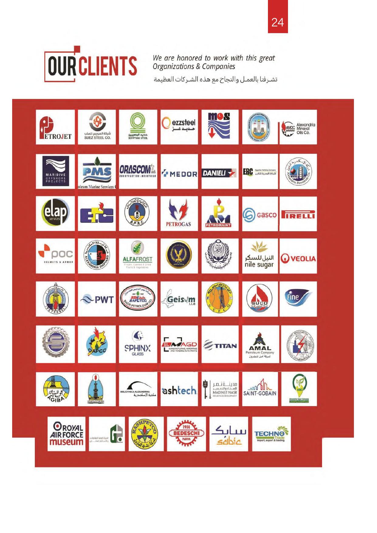TARRADCO client logo grid — Petrojet, Orascom, Siemens, SABIC, GASCO, Danieli and dozens more