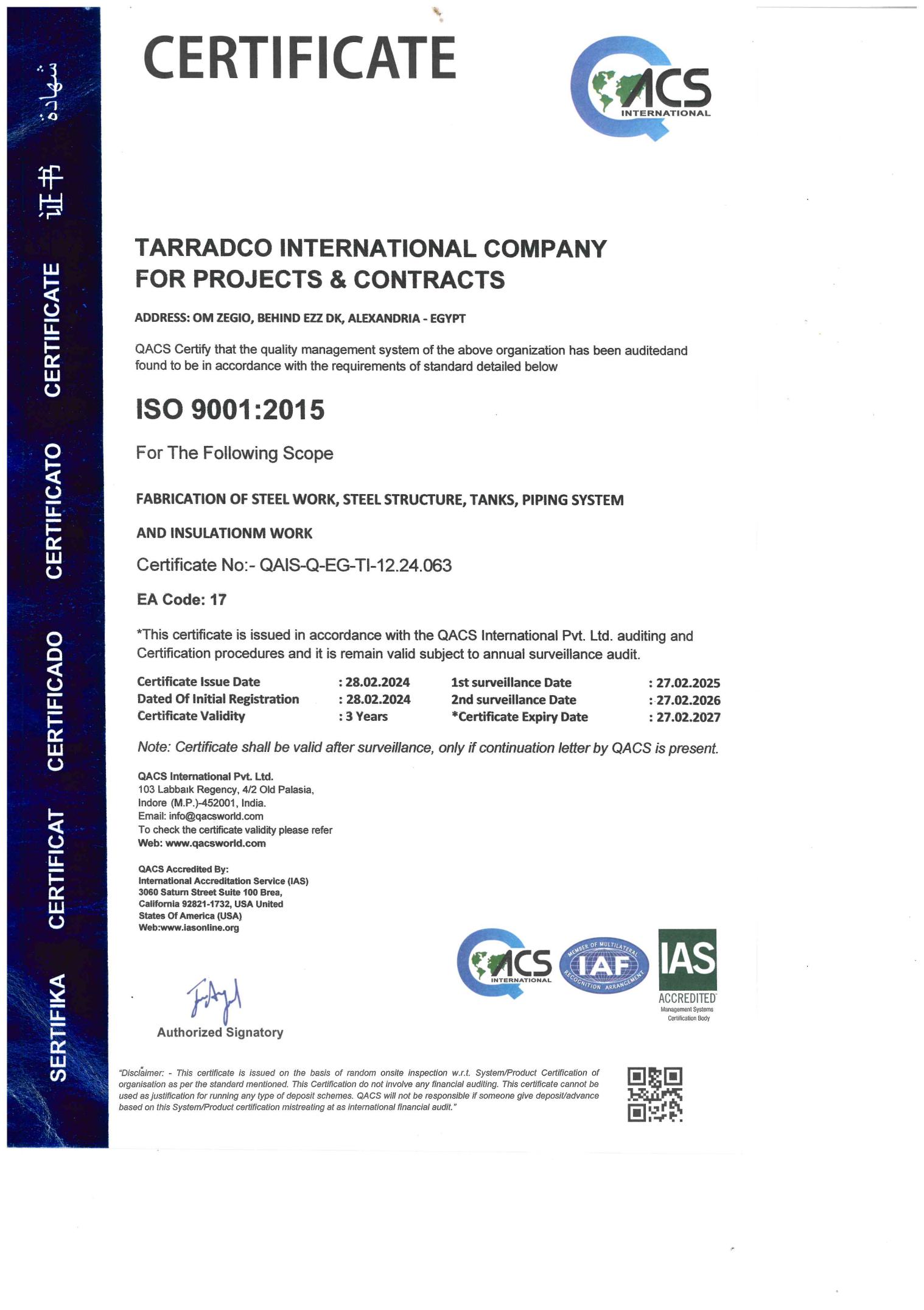 ISO 9001:2015 certificate issued to TARRADCO by QACS International — no. QAIS-Q-EG-TI-12.24.063