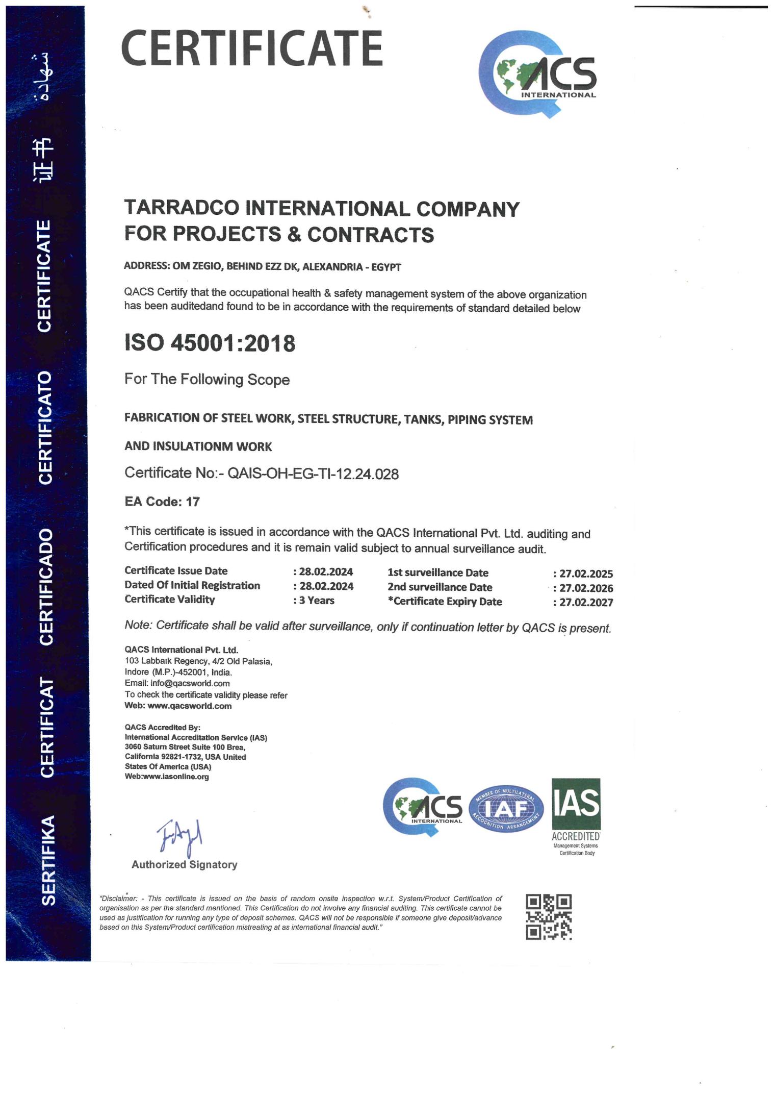 ISO 45001:2018 certificate issued to TARRADCO by QACS International — no. QAIS-OH-EG-TI-12.24.028