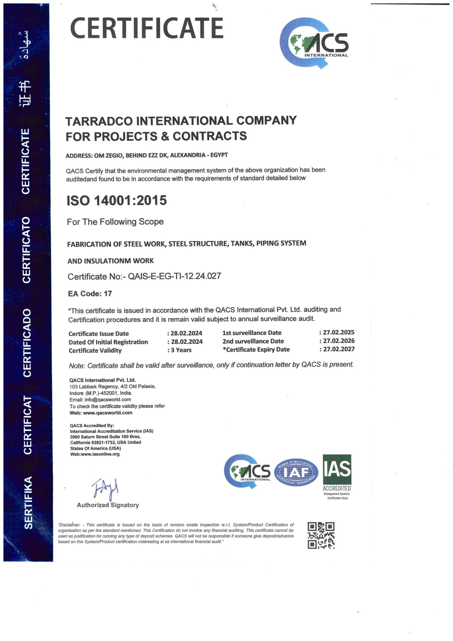 ISO 14001:2015 certificate issued to TARRADCO by QACS International — no. QAIS-E-EG-TI-12.24.027