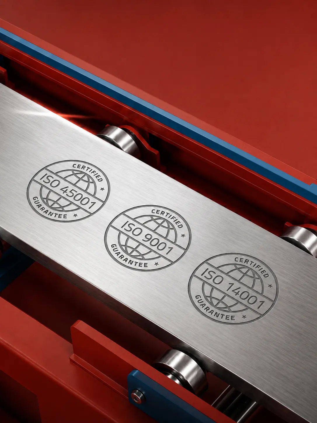 TARRADCO ISO 9001, ISO 14001 and ISO 45001 stamps engraved on a brushed steel plate on the fabrication line